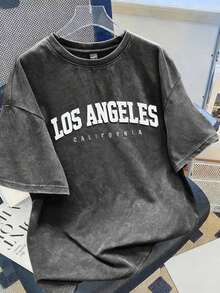 Camiseta de manga corta de hombre oversize con estampado gráfico vintage en color negro jaspeado de Los Ángeles, regalo para novio, para salir - Negro - Ver 12