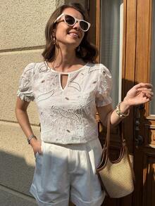 Blusa verde con cuello de ojo de cerradura y manga abullonada, blusas de manga corta - Blanco - Ver 3