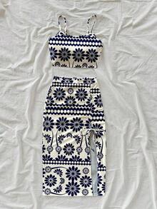 Conjunto informal de vacaciones de 2 piezas con top de tirantes finos de color negro sólido y falda con estampado completo de leopardo y abertura alta en el bajo, adecuado para salir - Multicolor 4 - Ver 3