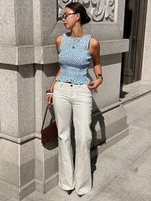 Camiseta de tirantes con cuello redondo y pliegues, con estampado de lunares en la cintura para vacaciones de mujer - Celeste - Ver 5