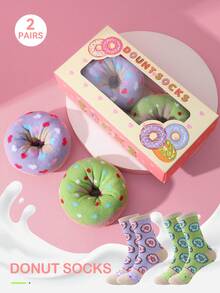 CREATOR SOCKS 2 Pairs Of Funny Donut Mid-Calf Socks, Cute And Novelty Food-Like Donut Creative Gift Box Design, Funny Socks, Can Be Given As A Surprise Gift For Birthdays/Parties/Family Days/Weddings/Father's Day/Graduation Season/Back-To-School Season/Halloween/Christmas And Other Holidays - Multicolor - View 3