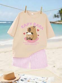 2pcs/Set Girls Round Neck Short Sleeve T-Shirt With Cute Capybara Print And Simple Striped Shorts, New Summer Vacation Style - Apricot - View 2