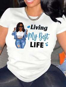 "New For 2026" Women's Short Sleeve T-Shirt With Round Neck And Letter Print, Graphic Tees, Women's Tops, Cotton T-Shirt - 白色4 - 查看 12