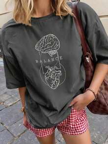 Camiseta de mujer estampada de manga corta para verano, tela de poliéster, estilo multifuncional, corte regular, peso 180 gramos, 1 unidad. - Gris Oscuro - Ver 8