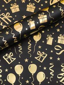 3 lembar/1 lembar Kertas Pembungkus Kado Ulang Tahun Warna Hitam & Emas - Dengan Teks "Selamat Ulang Tahun" Emas, Balon, Desain Pola Kotak Kado, Sempurna untuk Pembungkus Kado Pesta Liburan dan Dekorasi Buket, Cocok untuk Pesta Ulang Tahun, Pesta Bertema, Hari Jadi, dll. - Satu ukuran cocok untuk semua. - View 9