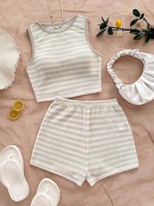 Set de 2 piezas de top tubo y shorts elastizados en la cintura con diseño de jacquard rojo y blanco a rayas para mujer, ideal para vacaciones - Multicolor 2 - Ver 12