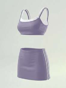 UONNOU Tennis Skirt Shorts Workout Set, Fake Two-Piece Color Block Sports Bra - Violet Purple - View 4