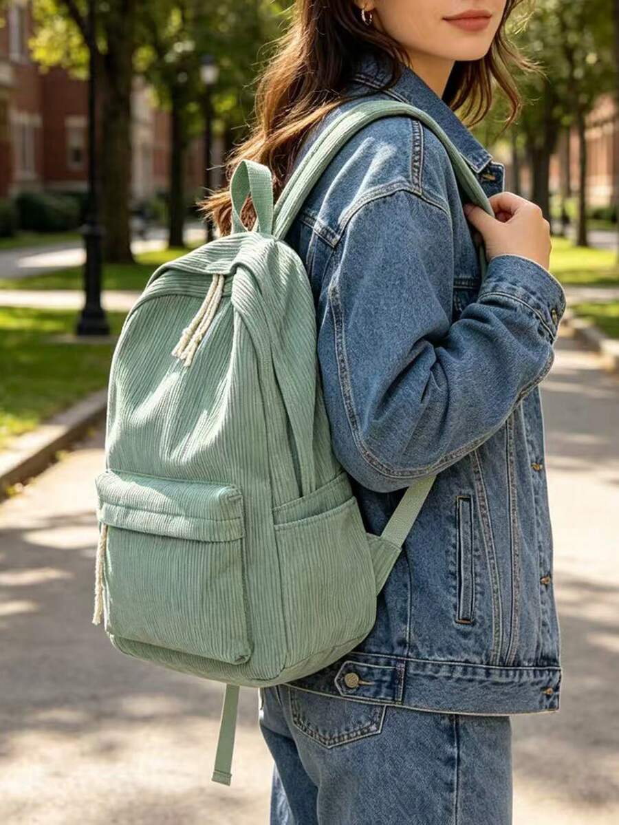 Solid Color Corduroy Fabric Fashionable Versatile Minimalist Backpack For Women
