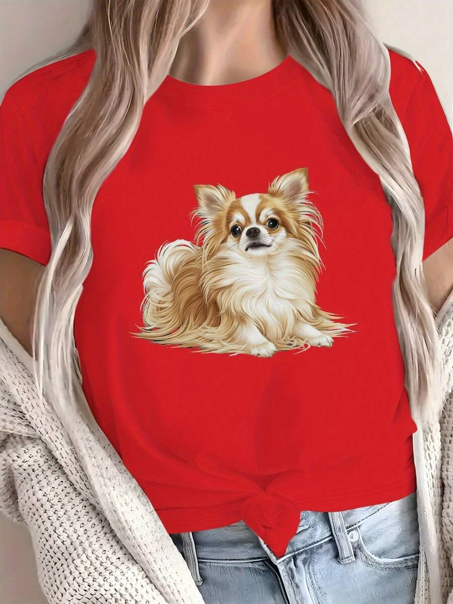 Women's Soft Cotton T-Shirt - Plush Chihuahua Pattern Design, Light Gray, Casual Everyday Wear T-Shirt (Machine Washable), Dog Themed Clothing, Must-Have For Animal Lovers, Lightweight And Comfortable Fabric, Weekend Outfit, Fun Printed T-Shirt, Exclusive For Pet Lovers, Loose Fit Casual Blouse For Women. - 紅色 - 查看 1