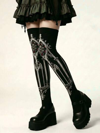 1 đôi tất dài quá đầu gối kiểu Gothic in hình nhà thờ dành cho nữ, tất cao đến đùi gợi cảm kiểu Y2K, phù hợp cho phong cách JK, Lolita và cosplay đường phố.