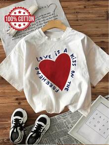 Camiseta Casual de Manga Corta y Cuello Redondo con Diseño de Corazón, 100% Estampada, Adecuada para Verano y Primavera, Ropa de Mujer - Negro - Ver 6
