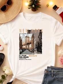 Women's Short-Sleeved Crew Neck T-Shirt, 1 Piece, Available In 3 Colors: Gray, White, And Black. 100% Polyester. Features A Brooklyn Bridge Print. Suitable For Everyday Casual Wear, Commuting, Outdoor Activities, Gatherings With Friends, Relaxing With Family, College Events, Vacation Outfits, New Year's Eve Family Dinners, And New Year's Parties. Local Shipping Available. - 白色 - 查看 7