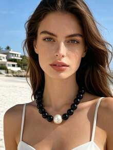 1pc French Minimalist Elegant Black & White Contrast Acrylic Beaded Faux Pearl Necklace, Versatile Jewelry Gift For Women - 31979-nek-black-eP - View 3