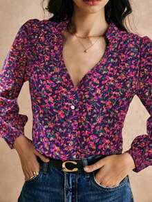 Blusa de manga larga con cuello con muescas y estampado floral diminuto - Multicolor - Ver 1