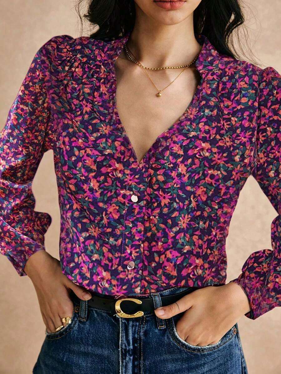 Blusa de manga larga con cuello con muescas y estampado floral diminuto - Multicolor - Ver 1