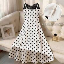guang zhou mi qian shang mao  Vestidos de mujer, vestido con estampado de lunares, vestido de encaje con parches, vestido ajustado con volantes sin mangas con tirantes finos, vestidos de moda elegantes para mujer, adecuados para uso diario, vacaciones, fiestas, citas, reuniones, vestido midi con tirantes finos, vestido de mujer con lunares, vestidos retro para mujer, los mejores vestidos talla grande vendidos, vestido de alta calidad, vestidos con lunares para mujer, vestido sin mangas, vestidos con lunares - Blanco y Negro - Ver 3