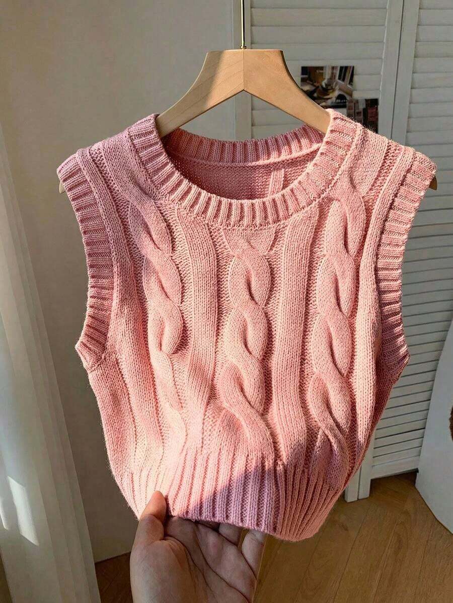Chaleco de mujer de punto con patrón de cable, cuello redondo, para otoño/invierno - Rosa Pálido - Ver 1