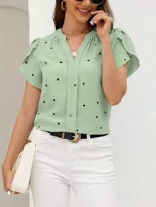 Blusa de mujer de escote en V con estampado de corazón y mangas con volantes para el verano y la playa - Verde - Ver 1