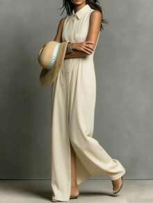 Robe chemise sans manches à col en V de couleur unie pour femmes, design avec boutons devant, détail de taille plissée, ourlet fluide en A, élégante pour l'été - Nude - Voir 5