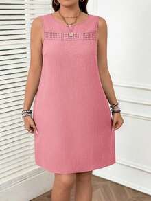 Vestido corto sencillo sin mangas de cuello redondo de unicolor para mujer talla grande - Rosa - Ver 4