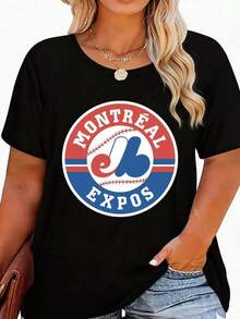Camiseta gráfica de las Montreal Expos para mujer, camiseta casual de algodón de manga corta, camiseta de moda de temporada con cuello redondo, camiseta minimalista llamativa, camiseta con estampado de anime/eslogan/banda, tela cómoda de elasticidad media, lavable a máquina - Versátil para el uso diario, deportivo o en ocasiones especiales. - Negro - Ver 6