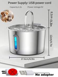 2.2L/74oz 不锈钢猫饮水器，带 LED 蓝光、超静音泵、观察窗和 USB 端口 - 适合室内猫，现代设计，适合家庭或办公室，室内猫饮水器，办公室宠物补水，时尚宠物配件，耐用宠物用品，无需电池 - 彩色 - 查看 9