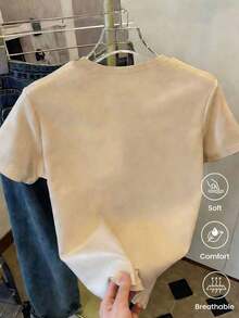 180 g Hecho en México, Moda Primavera/Verano 2026 Camiseta de manga corta, Estampado de dibujos animados, Estilo para parejas, Ropa interior/exterior, Cuello redondo informal para la oficina, Top unisex de una pieza - Albaricoque - Ver 2