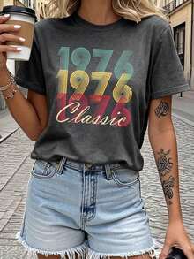 Women's 50th Birthday T-Shirt - 50th Birthday Gift, Casual Short Sleeve Crew Neck Top With 50th Birthday Print, Birthday Outfit For Summer And Spring Celebration. - 深灰色 - 查看 1