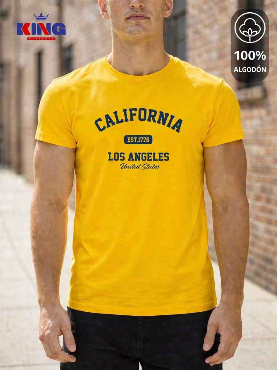King T-shirt Playera 100% algodón de excelente calidad, esta playera garantiza una suavidad excepcional al tacto, cuello redondo con estampado "California Los Angeles Varsity" y manga corta - Amarillo - Ver 1