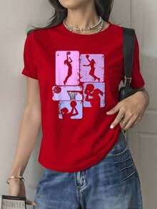 Graphics Of Women Playing Basketball Symbolizing Energy, Determination, And Love For The Sport In Shades Of Pink And Lilac. Women's T-Shirt, 100% Soft And Comfortable Cotton For Everyday Wear. - 紅色的 - 查看 8