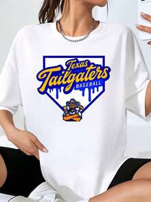 Oversized Baseball T-Shirt With Mayan Culture Design, Texas Tailgaters, Women's/Unisex, Casual Graphic Print, Fan Sportswear, Summer Outfit For Events And Parties On Game Day. Cotton T-Shirt. - 白色 - 查看 7