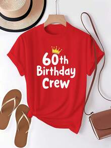 Camiseta de mujer con corona para el 60º cumpleaños - 60º aniversario número 60, ropa casual de algodón puro de corte ajustado, atuendo casual para el día a día - Regalo de celebración del 60º cumpleaños, blusa casual para mujer - Rojo - Ver 7