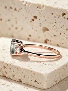 1 pieza Anillo de plata de ley 925 con malaquita ovalada y circonita cúbica engastada en 4 garras, regalo elegante para mujer de compromiso, boda, aniversario, anillo de promesa - Oro rosa - Ver 5