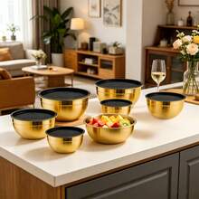 7pcs Mixing Bowls With Lids Set - Stainless Steel Nesting Salad Bowls, Space Saving For Baking Prepping, Gold - Gold - View 5