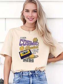 Camiseta Vintage para Mujer - Cosmic Retro Tour Cassette, Top Casual de Manga Corta | Diseño exquisito |   Suelto y cómodo |   Fácil de combinar | - Albaricoque - Ver 7