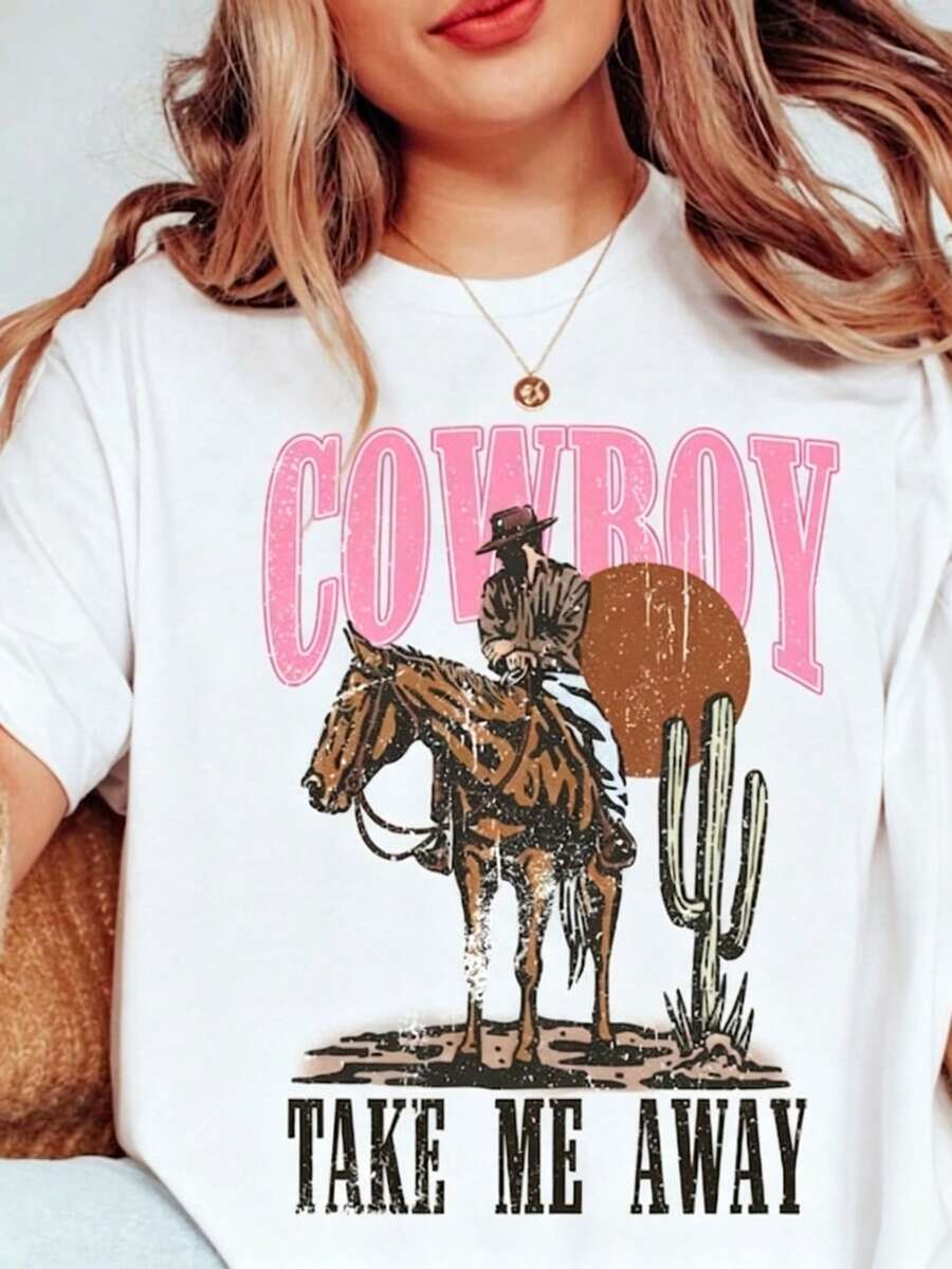 Cowboy Take Me Away T-Shirt: Vintage Western Graphic Print T-Shirt, Thick Cotton Short Sleeve T-Shirt, Classic Style, Casual For Women - 白色 - 查看 1