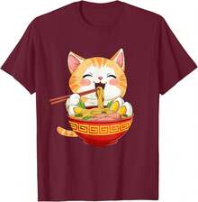 T-Shirt With Japanese Cat Eating Ramen Design - Cute Anime Style - Burgundy - View 4