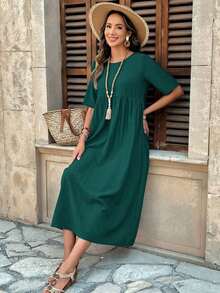 LUNE Vestido largo plisado de manga corta y cuello redondo de unicolor para mujer - Verde Oscuro - Ver 7