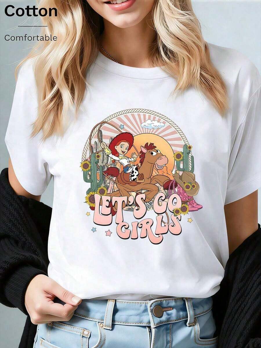 Disney Loose Fitting "LET'S GO GIRLS" Western Denim Style Printed T-Shirt From Toy Story, Suitable For Summer And Spring, Short Sleeved Tops, Women's Clothing, Holiday Gift Party Clothing. Unisex, Couple Shirts, Excellent Gifts. Unisex, Couple Shirts, Excellent Gifts. Unisex, Couple Shirts, Excellent Gifts. - White - View 1