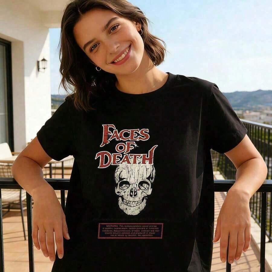 Women's Cotton T-Shirts, Unisex Vintage Summer T-Shirts With Round Neck, Short Sleeve, Fun Skull Graphic Print, Vintage Urban Gothic Style For Men And Women - 黑色 - 查看 1