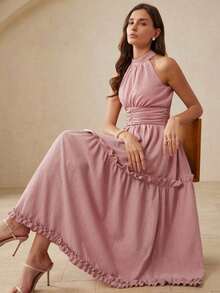 xheAveloria Revavyn Vestido maxi de tela elástica con textura de color liso y estilo romántico francés clásico, diseño de cuello alto sin mangas, cintura fruncida con silueta acampanada, decoración de volantes en el bajo, estilo vintage elegante y de lujo para mujer, adecuado para uso diario, citas, vacaciones y bodasxhe - Rosa vieja - Ver 8