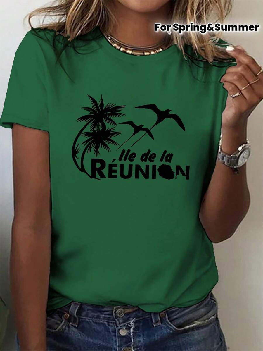 Camiseta casual de manga corta y cuello redondo con la Isla de la Reunión, perfecta para primavera y verano, diseñada para mujer - Verde - Ver 1