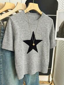 Nueva llegada Primavera/Verano Estilo coreano Casual Suelta Personalizada Blusa de punto de mujer a rayas de color contrastante - Gris - Ver 7
