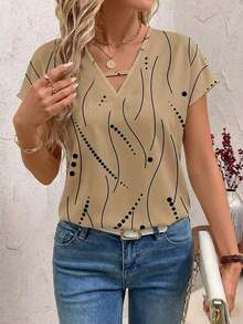 Blusa de mujer con detalles de rayas de contraste y calados, top de manga corta - Caqui - Ver 4