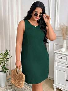 Vestido corto sencillo sin mangas de cuello redondo de unicolor para mujer talla grande - Verde Oscuro - Ver 5