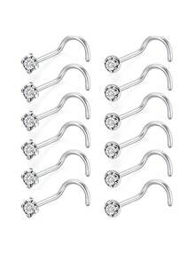 Set 12 Buah Anting Hidung Stainless Steel, Set Perhiasan Tindik Hidung Bulat Berkilau dengan Batu Zirkonia Kubik, Hadiah Pesta, Hadiah Hari Ibu - Perak - View 7