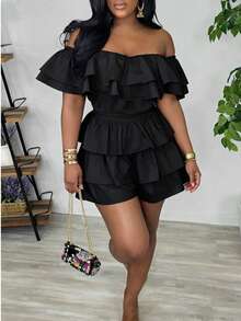 Shorts grande taille d'été nouveaux couleur unie plissés à volants multicouches style gâteau, combishort élégant sexy épaules dénudées noir - Noir - Voir 1