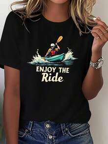 Women's Solid Color T-Shirt With Kayak And Canoe Print - Gray With Yellow Slogan "Enjoy The Journey", Clothing For Paddleboard And Kayak Enthusiasts, Casual T-Shirt For Outdoor Adventures, Suitable For All Seasons. - 黑色 - 查看 7