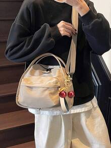 簡約紋理輕量女款休閒時尚百搭單肩包，日常純色大容量高 CP 值 - 卡其色 - 查看 3