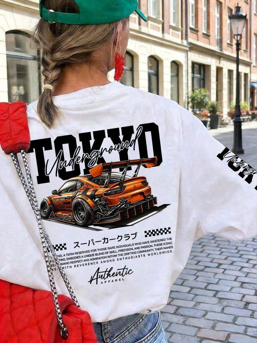 Loose-Fitting, Versatile Black Short-Sleeved Crew Neck T-Shirt With Tokyo Racing Print, New Casual Summer T-Shirt For Women's Everyday Leisure - 白色的 - 查看 1